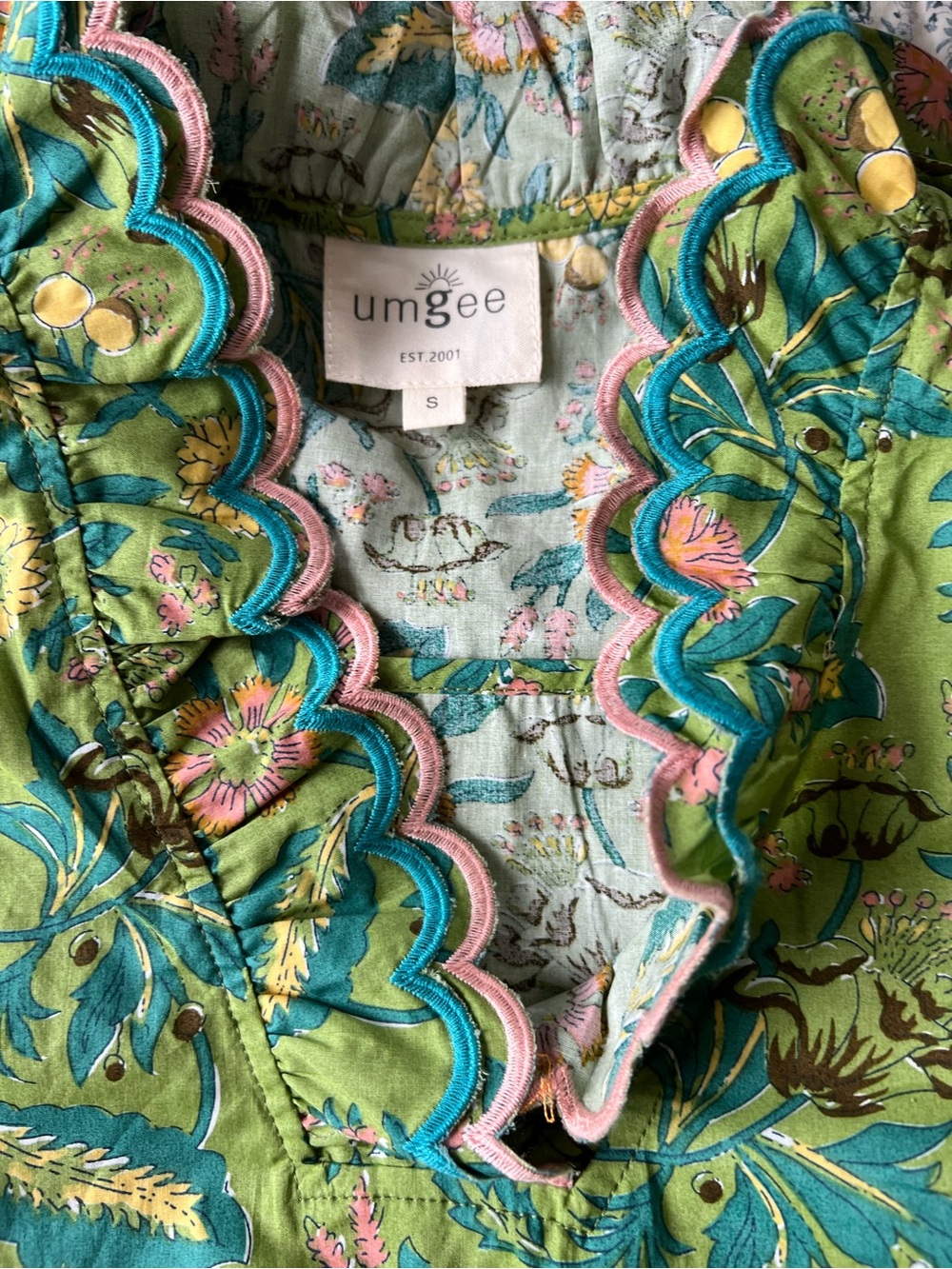 Umgee Green Floral Ruffled Trim Blouse with Pink & Teal Accents - Picture 2 of 6